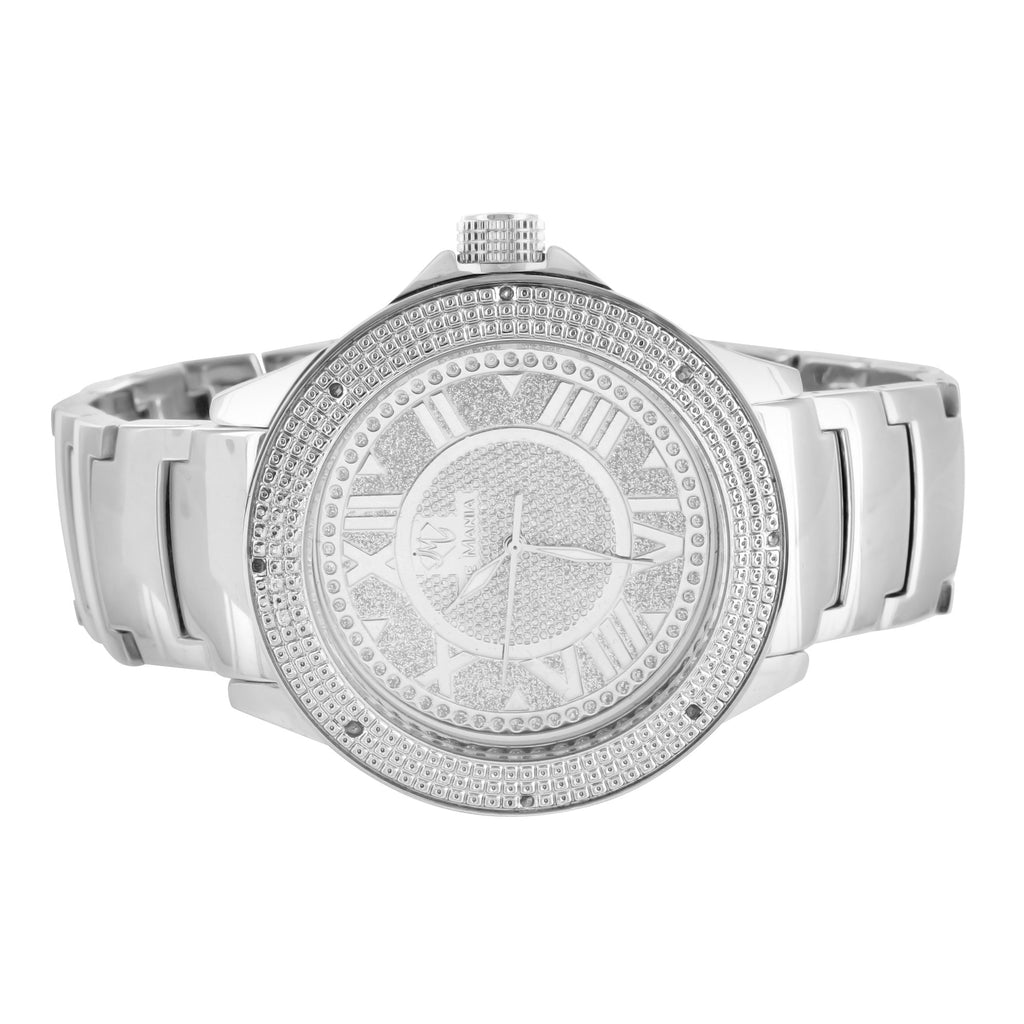 Ice Mania White Finish Roman Numeral Face Diamond Watch | Master of Bling