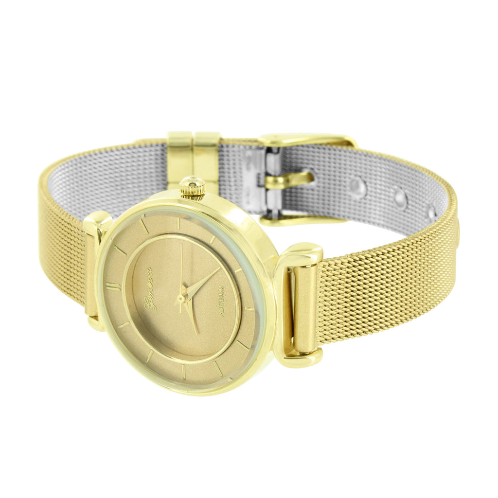 Yellow Gold Finish Watch Women Round Face Mesh Band | Master of Bling